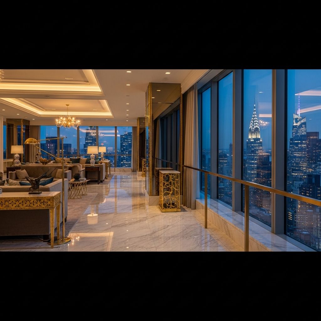 Панорамный вид на роскошный пентхаус в небоскрёбе с видом на ночной Манхэттен, интерьер с мраморными полами и золотыми деталями